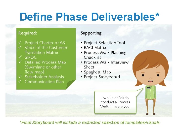 Define Phase Deliverables* *Final Storyboard will include a restricted selection of templates/visuals 