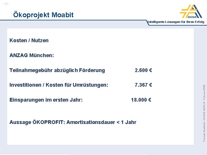 - 11 - Ökoprojekt Moabit Intelligente Lösungen für Ihren Erfolg Kosten / Nutzen Teilnahmegebühr