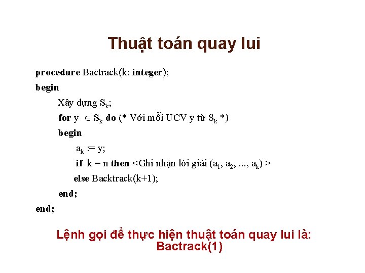 Thuật toán quay lui procedure Bactrack(k: integer); begin Xây dựng Sk; for y Sk