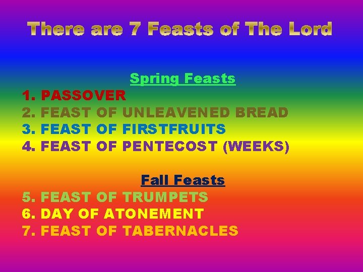 1. 2. 3. 4. Spring Feasts PASSOVER FEAST OF UNLEAVENED BREAD FEAST OF FIRSTFRUITS