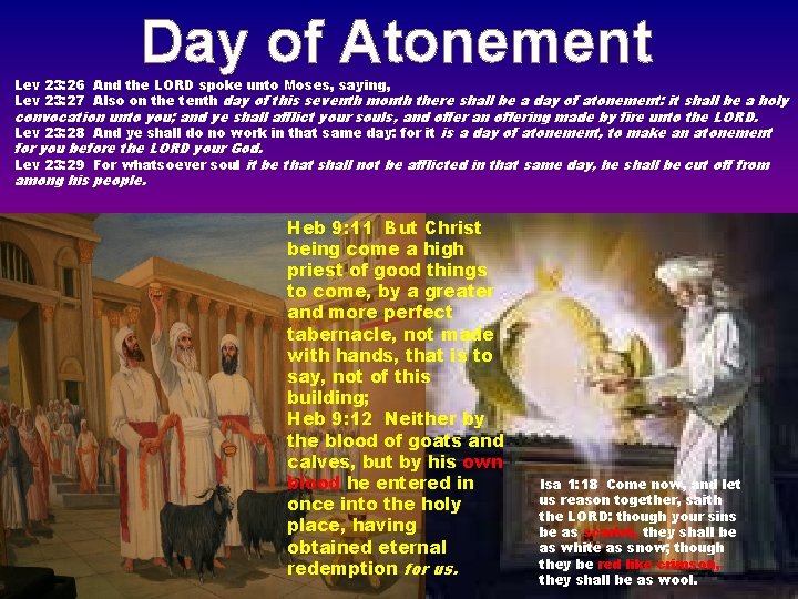 Day of Atonement Lev 23: 26 And the LORD spoke unto Moses, saying, Lev