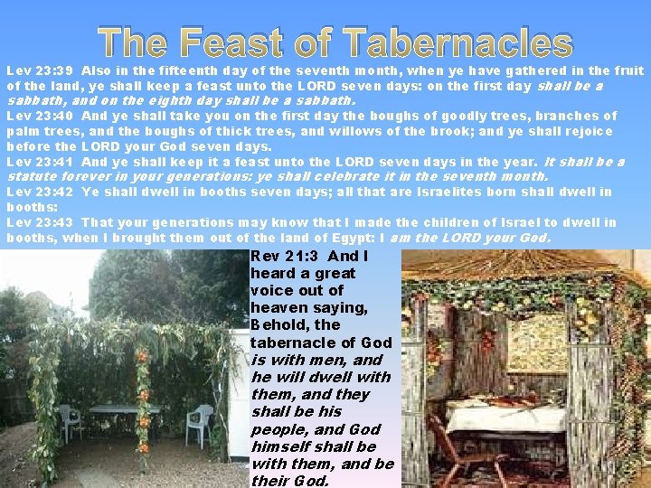 The Feast of Tabernacles Lev 23: 39 Also in the fifteenth day of the