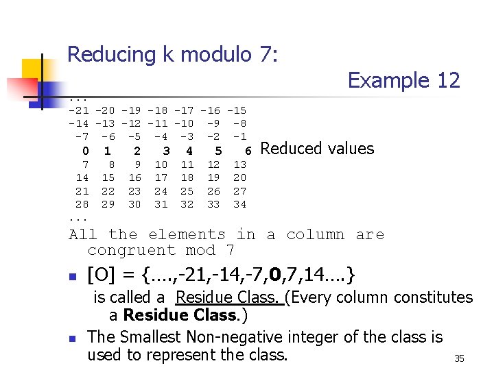 Reducing k modulo 7: Example 12. . . -21 -20 -19 -18 -17 -16