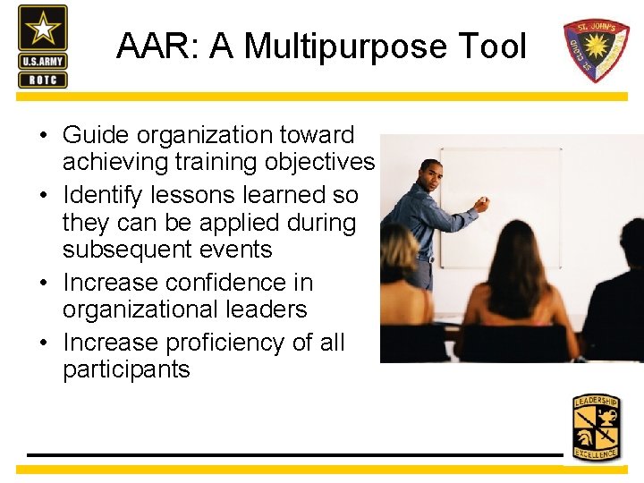 AAR: A Multipurpose Tool • Guide organization toward achieving training objectives • Identify lessons