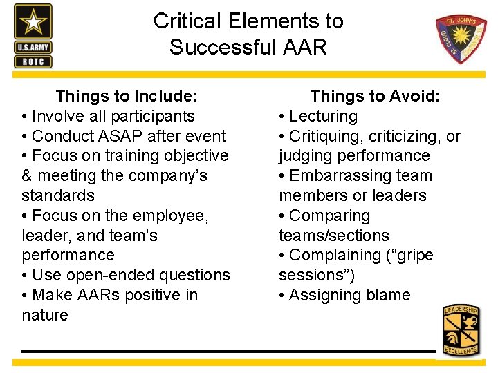 Critical Elements to Successful AAR Things to Include: • Involve all participants • Conduct