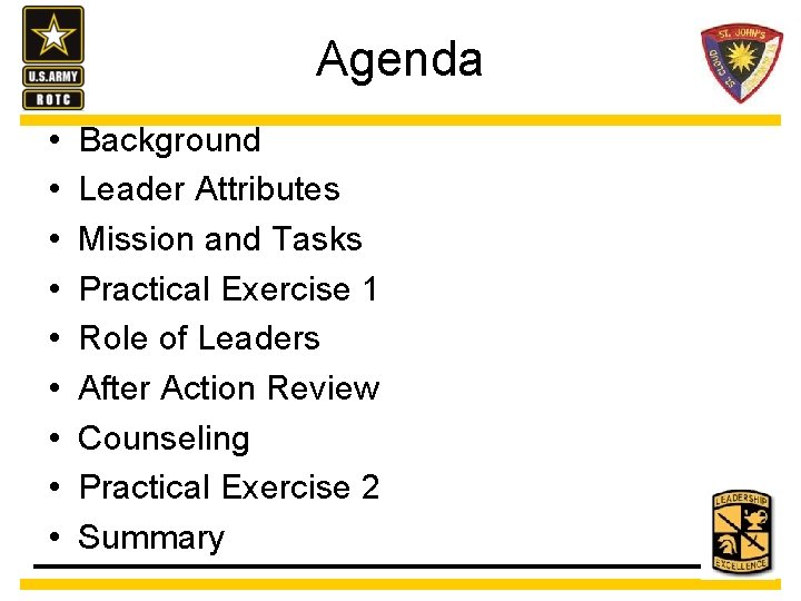 Agenda • • • Background Leader Attributes Mission and Tasks Practical Exercise 1 Role