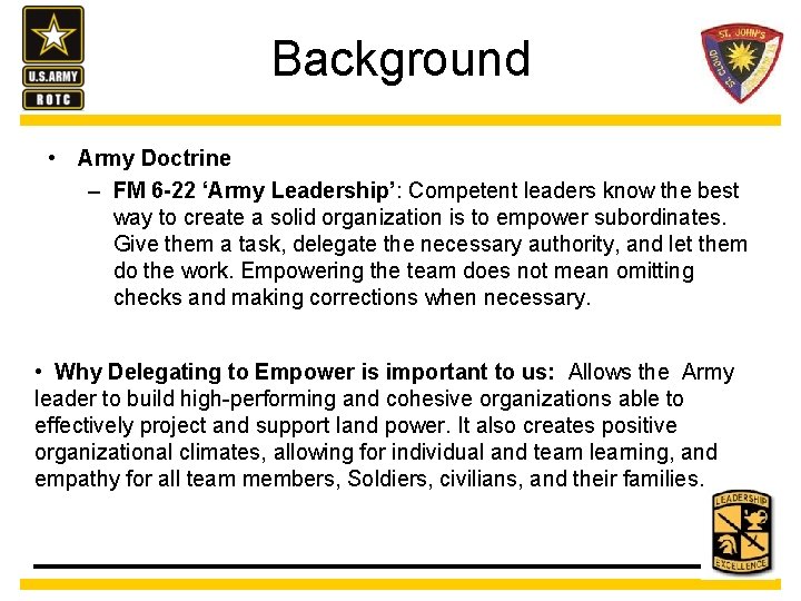 Background • Army Doctrine – FM 6 -22 ‘Army Leadership’: Competent leaders know the
