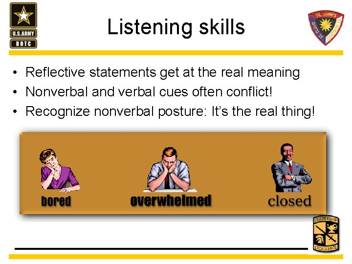 Listening skills • Reflective statements get at the real meaning • Nonverbal and verbal