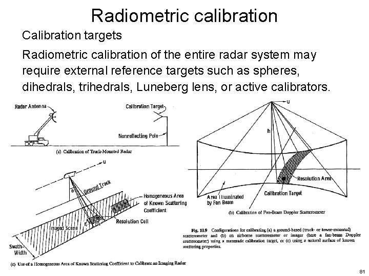Radiometric calibration Calibration targets Radiometric calibration of the entire radar system may require external