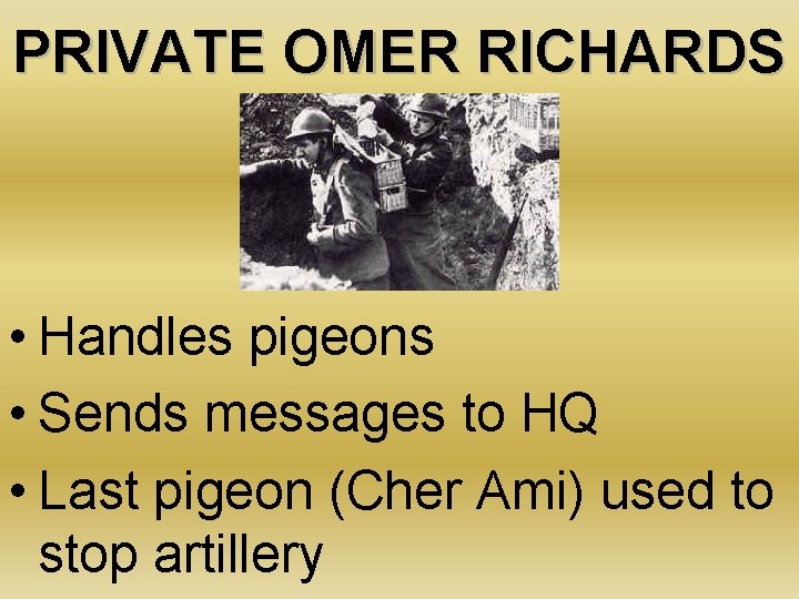 PRIVATE OMER RICHARDS • Handles pigeons • Sends messages to HQ • Last pigeon