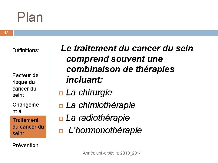 Plan 12 Définitions: Facteur de risque du cancer du sein: Changeme nt à surveiller