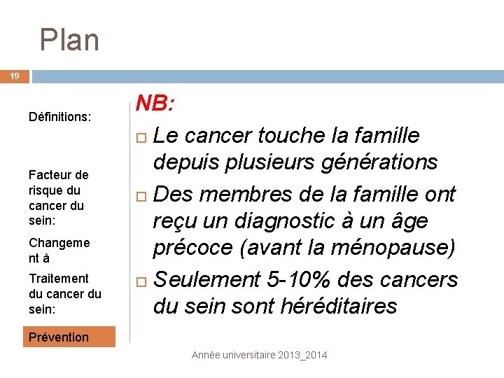 Plan 19 Définitions: Facteur de risque du cancer du sein: Changeme nt à surveiller