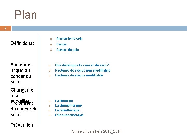 Plan 2 Définitions: Facteur de risque du cancer du sein: Changeme nt à surveiller