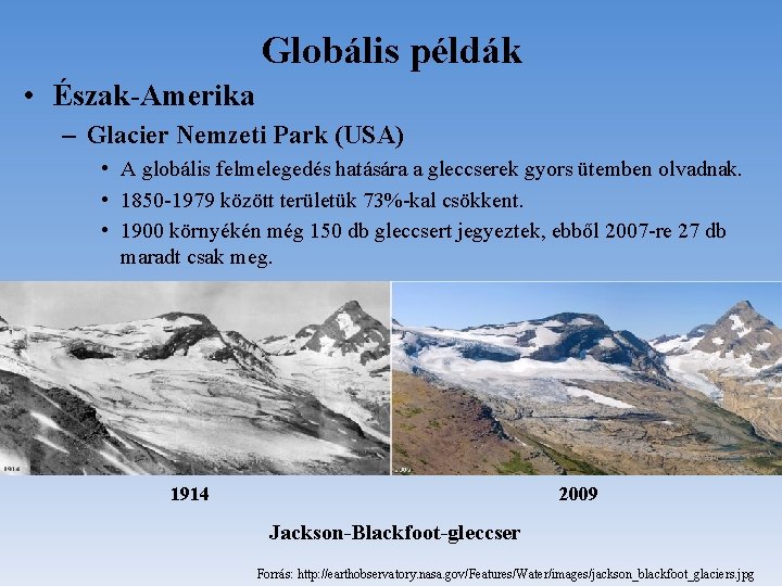 Globális példák • Észak-Amerika – Glacier Nemzeti Park (USA) • A globális felmelegedés hatására