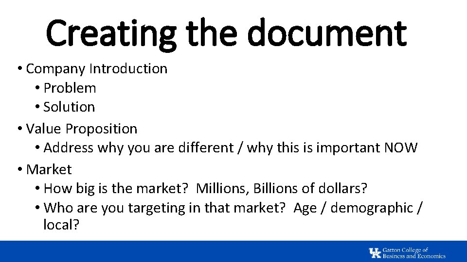 Creating the document • Company Introduction • Problem • Solution • Value Proposition •