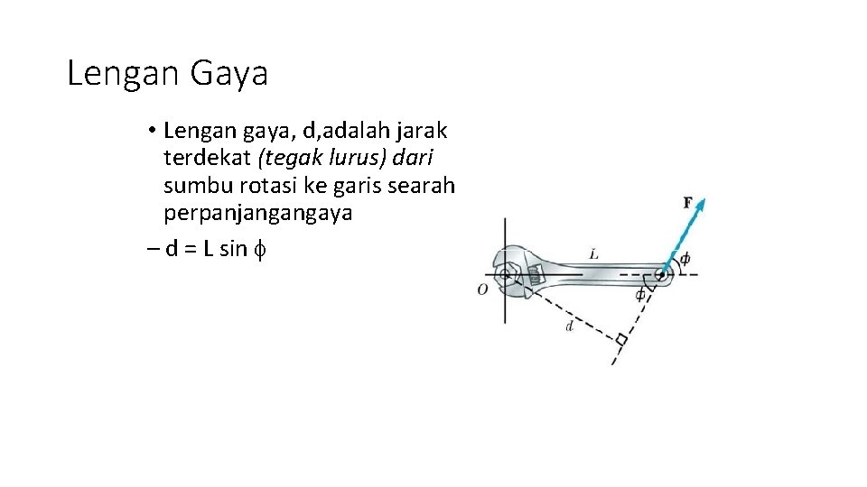 Lengan Gaya • Lengan gaya, d, adalah jarak terdekat (tegak lurus) dari sumbu rotasi
