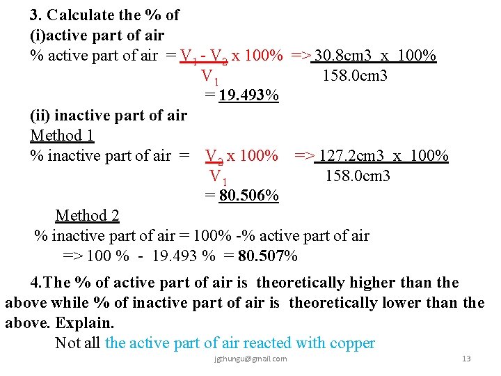 3. Calculate the % of (i)active part of air % active part of air