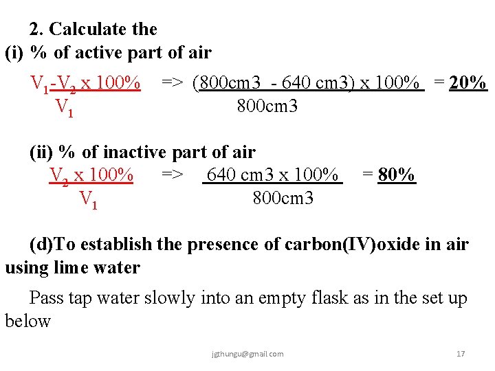 2. Calculate the (i) % of active part of air V 1 -V 2