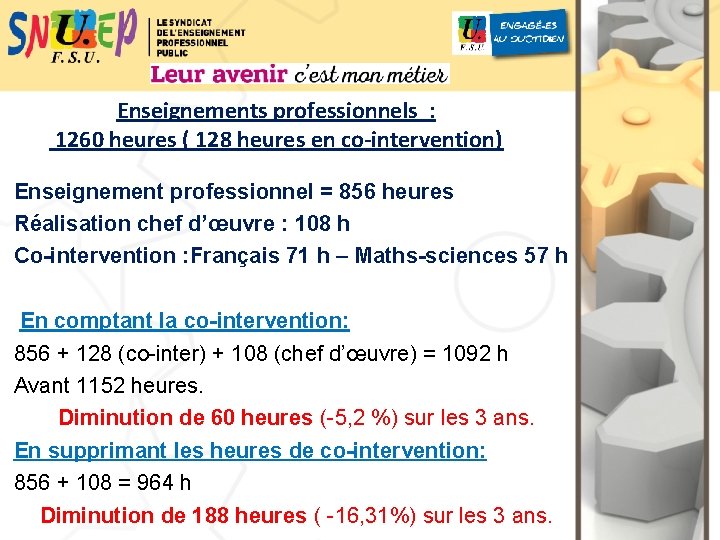 Enseignements professionnels : 1260 heures ( 128 heures en co-intervention) Enseignement professionnel = 856