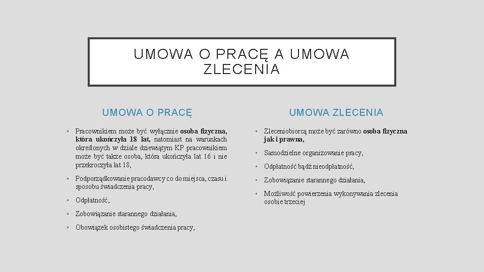 UMOWA O PRACĘ A UMOWA ZLECENIA UMOWA O PRACĘ UMOWA ZLECENIA • Pracownikiem może