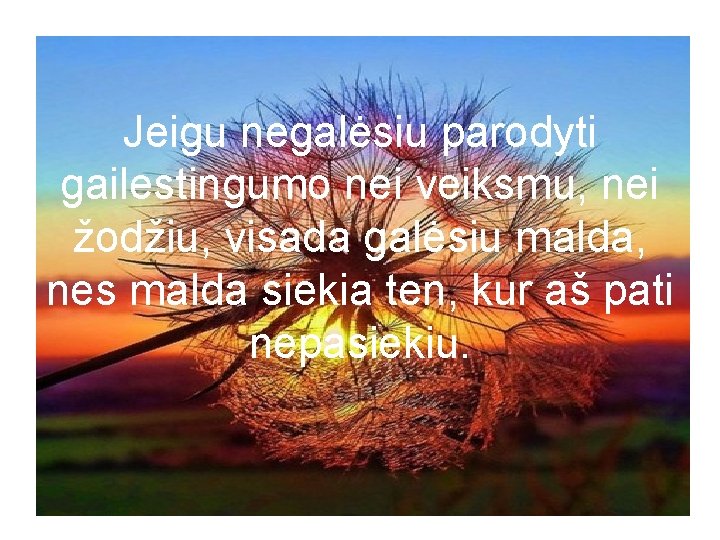 Jeigu negalėsiu parodyti gailestingumo nei veiksmu, nei žodžiu, visada galėsiu malda, nes malda siekia