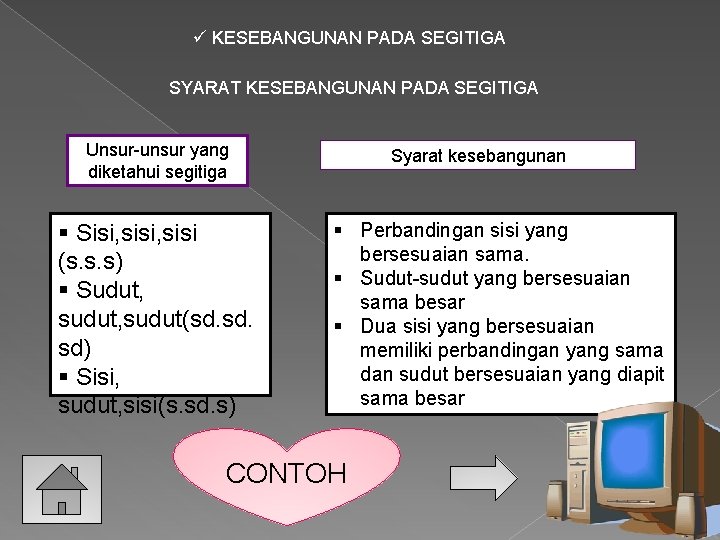 ü KESEBANGUNAN PADA SEGITIGA SYARAT KESEBANGUNAN PADA SEGITIGA Unsur-unsur yang diketahui segitiga § Sisi,