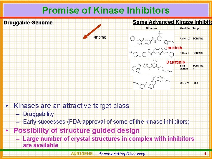 Promise of Kinase Inhibitors Some Advanced Kinase Inhibito Druggable Genome Kinome Imatinib Dasatinib •
