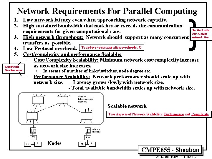 Network Requirements For Parallel Computing } 1. Low network latency even when approaching network Network Requirements For Parallel Computing } 1. Low network latency even when approaching network
