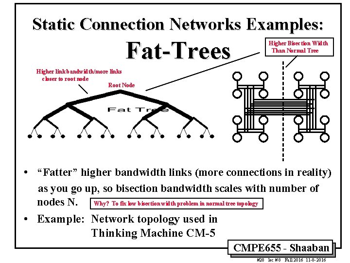 Static Connection Networks Examples: Fat-Trees Higher Bisection Width Than Normal Tree Higher link bandwidth/more Static Connection Networks Examples: Fat-Trees Higher Bisection Width Than Normal Tree Higher link bandwidth/more