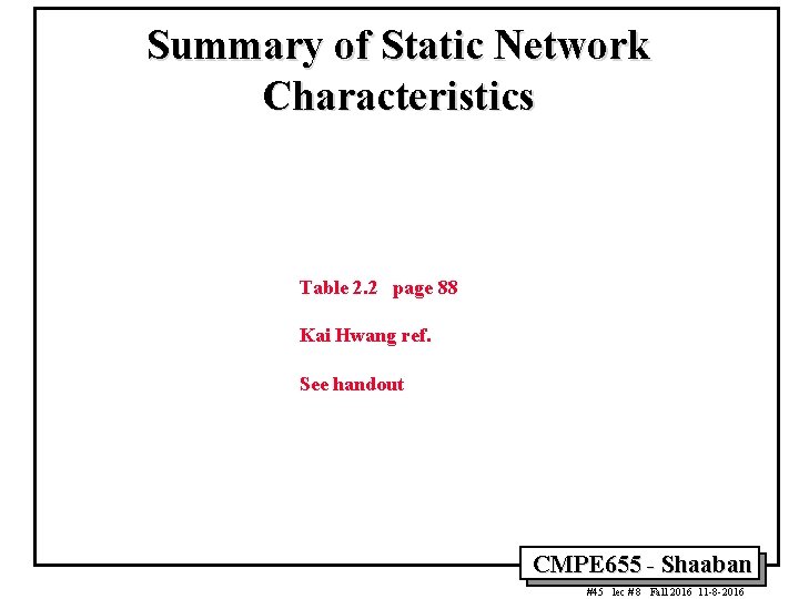 Summary of Static Network Characteristics Table 2. 2 page 88 Kai Hwang ref. See Summary of Static Network Characteristics Table 2. 2 page 88 Kai Hwang ref. See