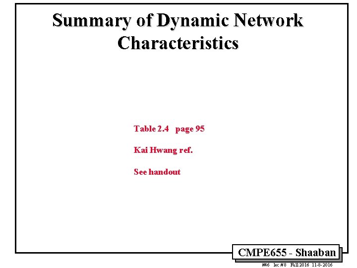 Summary of Dynamic Network Characteristics Table 2. 4 page 95 Kai Hwang ref. See Summary of Dynamic Network Characteristics Table 2. 4 page 95 Kai Hwang ref. See