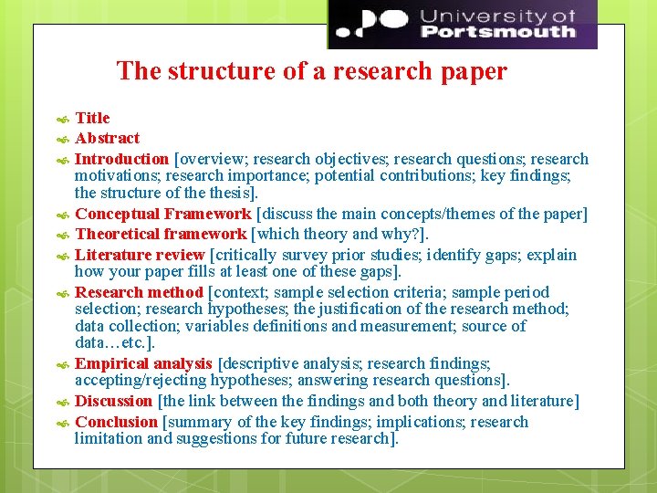 The structure of a research paper Title Abstract Introduction [overview; research objectives; research questions;