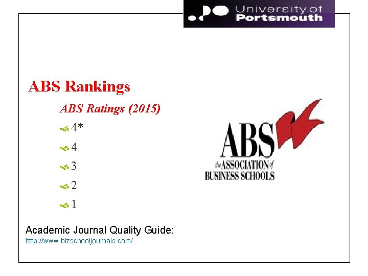 ABS Rankings ABS Ratings (2015) 4* 4 3 2 1 Academic Journal Quality