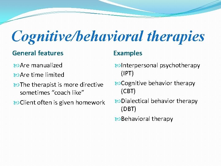 Cognitive/behavioral therapies General features Examples Are manualized Are time limited The therapist is more