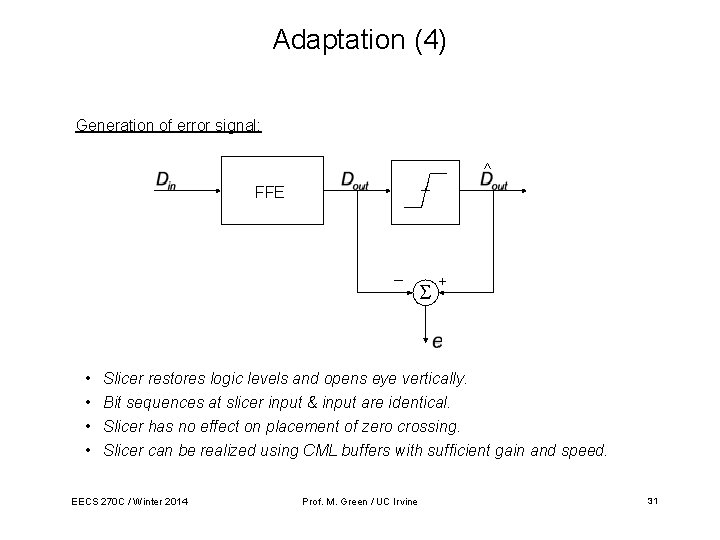 Adaptation (4) Generation of error signal: ^ FFE _ • • + Slicer restores