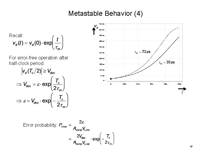 Metastable Behavior (4) Recall: For error-free operation after half-clock period: t Error probability: 47