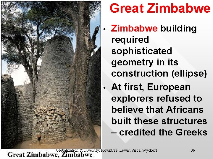 Great Zimbabwe • • Zimbabwe building required sophisticated geometry in its construction (ellipse) At