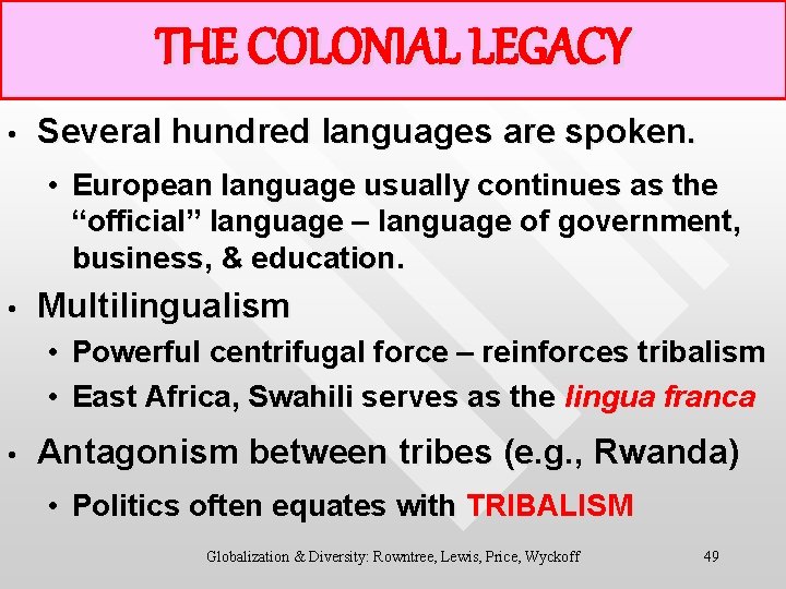 THE COLONIAL LEGACY • Several hundred languages are spoken. • European language usually continues