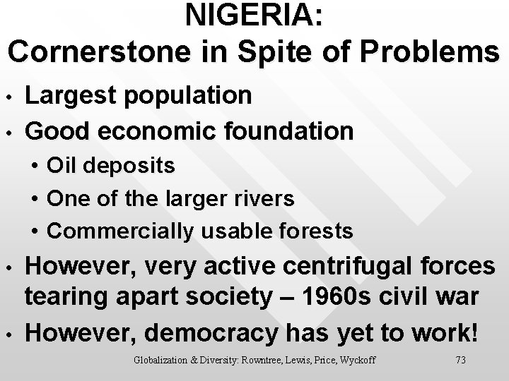 NIGERIA: Cornerstone in Spite of Problems • • Largest population Good economic foundation •