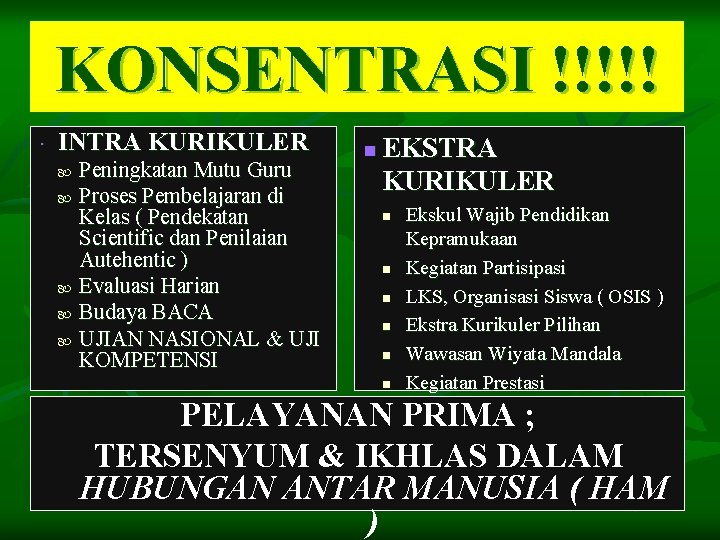 KONSENTRASI !!!!! INTRA KURIKULER Peningkatan Mutu Guru Proses Pembelajaran di Kelas ( Pendekatan Scientific