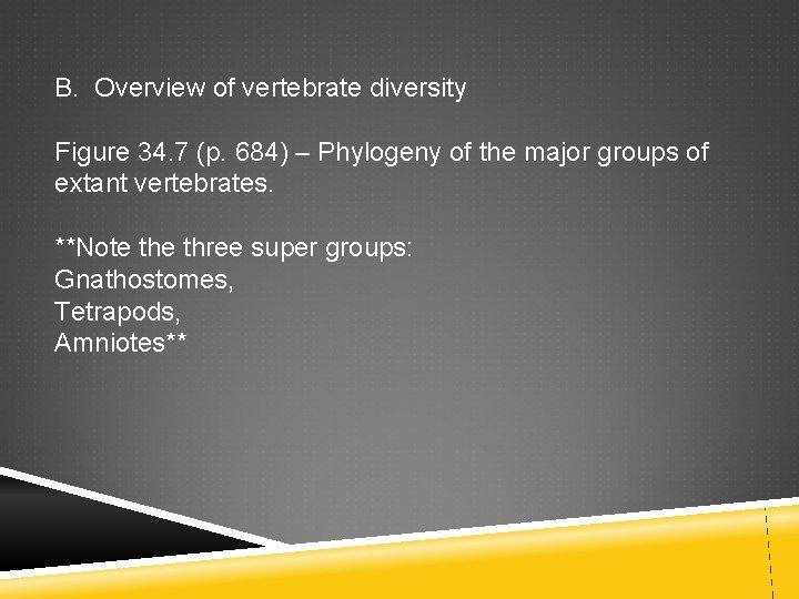 B. Overview of vertebrate diversity Figure 34. 7 (p. 684) – Phylogeny of the