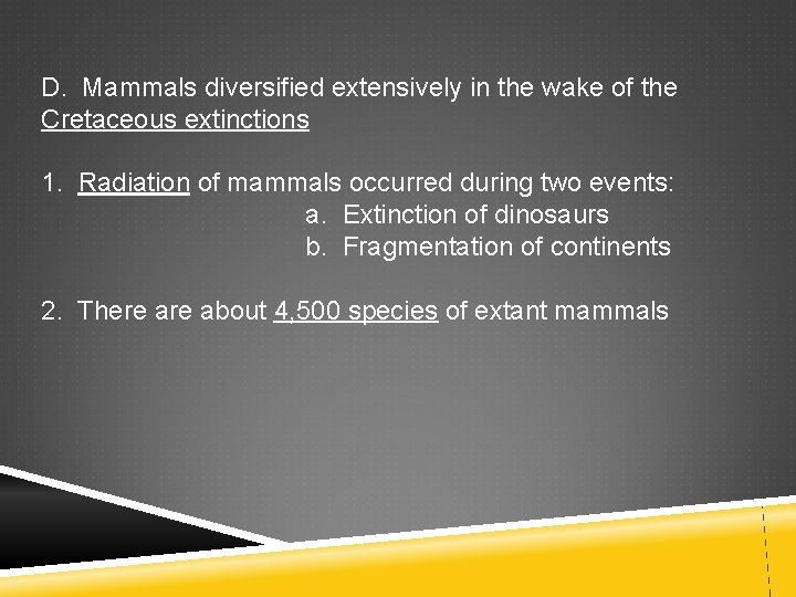 D. Mammals diversified extensively in the wake of the Cretaceous extinctions 1. Radiation of