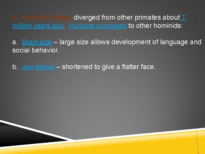 B. Hominid lineage diverged from other primates about 7 million years ago. Humans compared