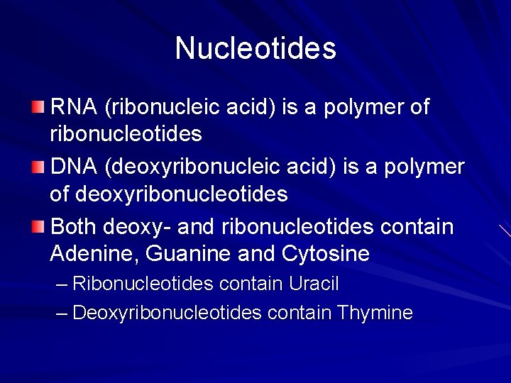 Nucleotides RNA (ribonucleic acid) is a polymer of ribonucleotides DNA (deoxyribonucleic acid) is a
