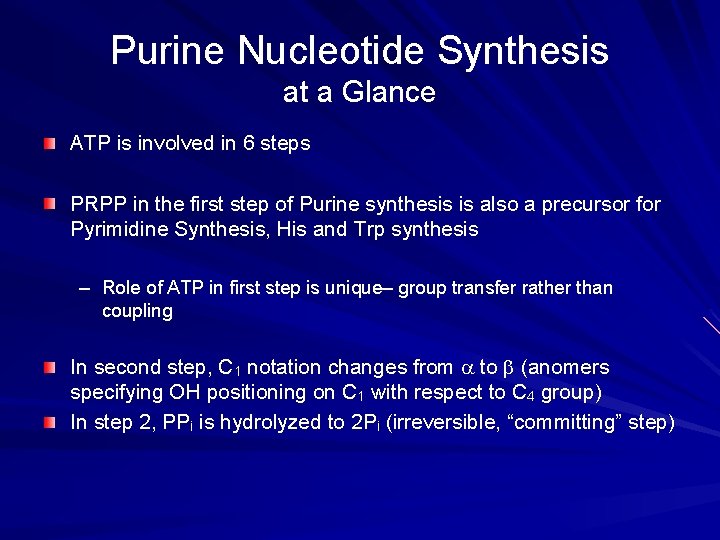 Purine Nucleotide Synthesis at a Glance ATP is involved in 6 steps PRPP in