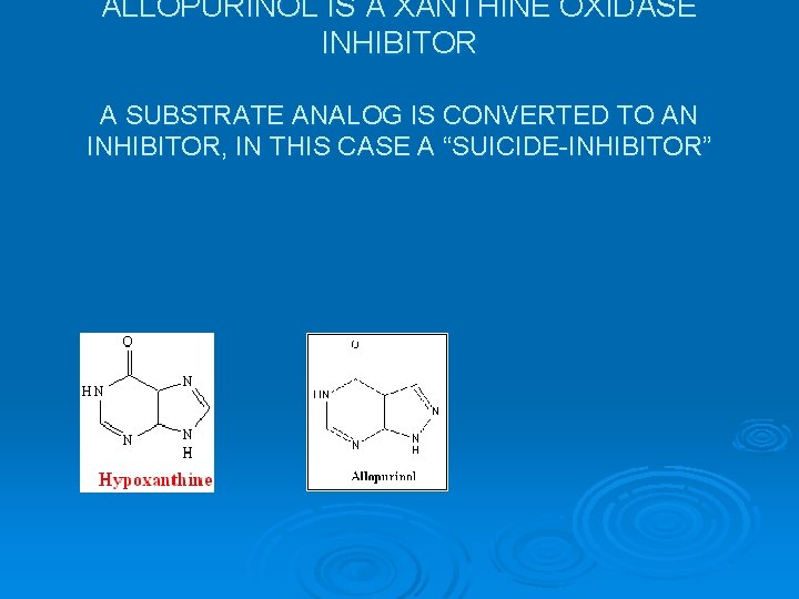 ALLOPURINOL IS A XANTHINE OXIDASE INHIBITOR A SUBSTRATE ANALOG IS CONVERTED TO AN INHIBITOR,