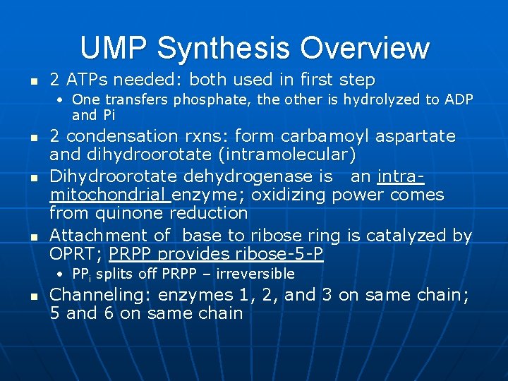 UMP Synthesis Overview n 2 ATPs needed: both used in first step • One