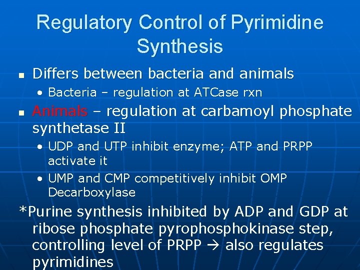 Regulatory Control of Pyrimidine Synthesis n Differs between bacteria and animals • Bacteria –