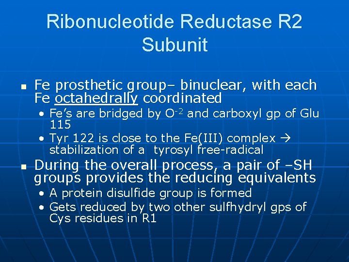 Ribonucleotide Reductase R 2 Subunit n Fe prosthetic group– binuclear, with each Fe octahedrally