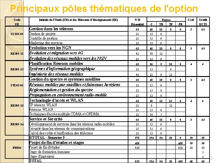Principaux pôles thématiques de l'option Code UE SCS 05 -09 RES 05 -11 RES